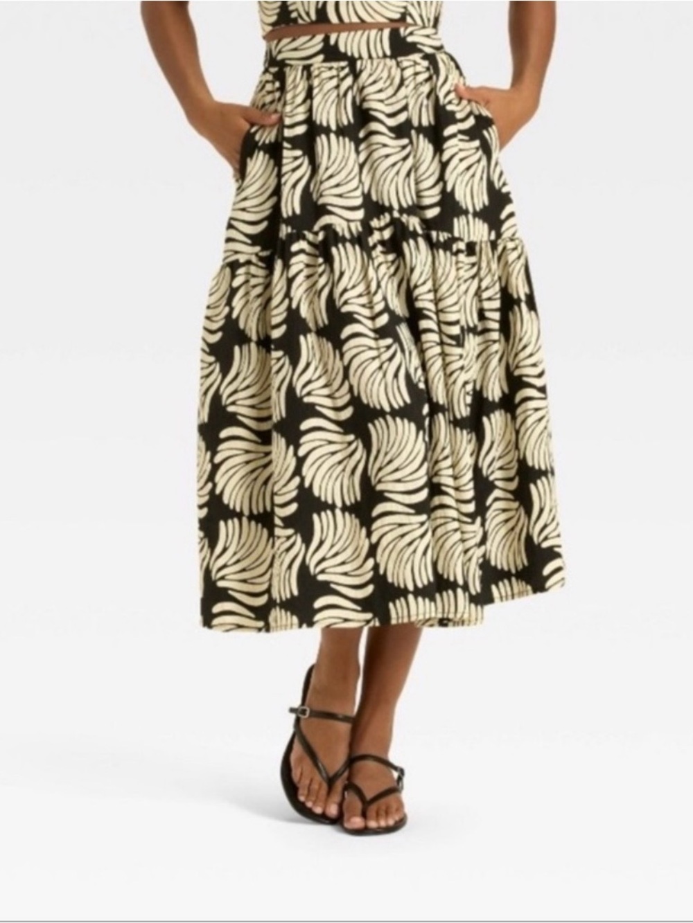 a new day Black and Cream Seashell Botanical Print Tiered A-line Midi Skirt